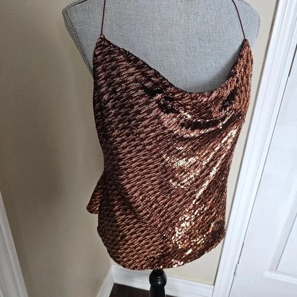ASTR The Label Mai Sequin Spagetti Straps Waterfall Cami Top  Bronze siz… - Picture 9 of 9